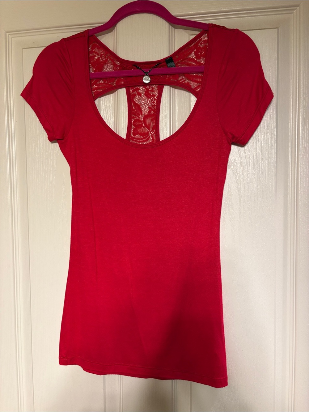 BKE Red Scoop Neck Tee with Lace Back